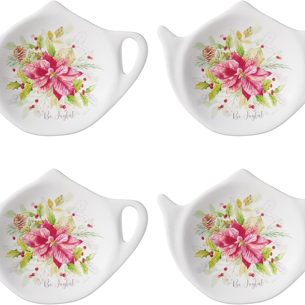 Joyful Poinsettias Tea Bag Holders ,Christmas Decorations, Set of 4